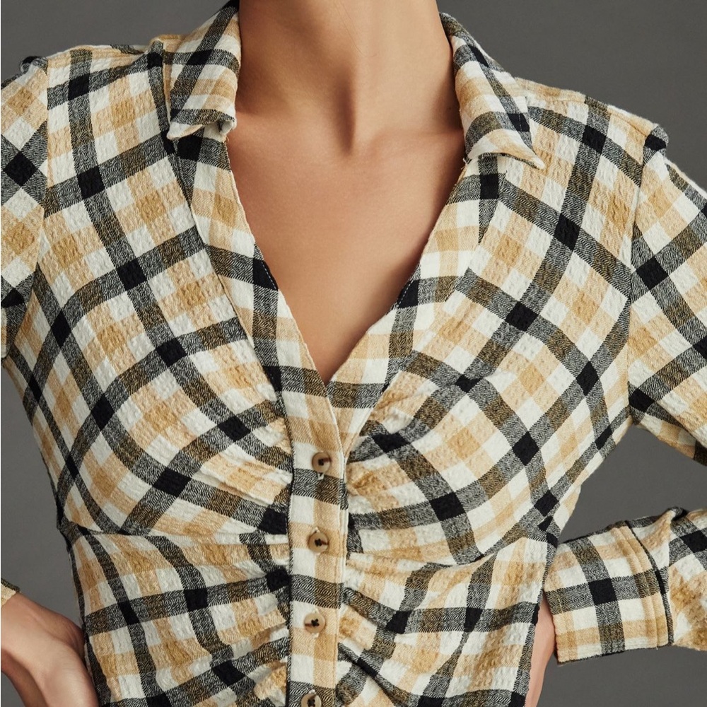Anthropologie Beige Black and Cream Plaid Button-Down Top